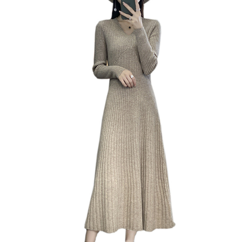 Damen Langes geripptes Strickmidikleid mit taillierter Silhouette und A‑Linien-Rock Drune