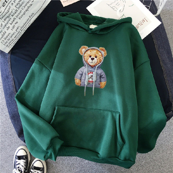 Unisex nan lässiger Oversize Kapuzenpullover mit Teddy-Frontprint, Kängurutasche und weichem Fleece-Innenfutter Drune
