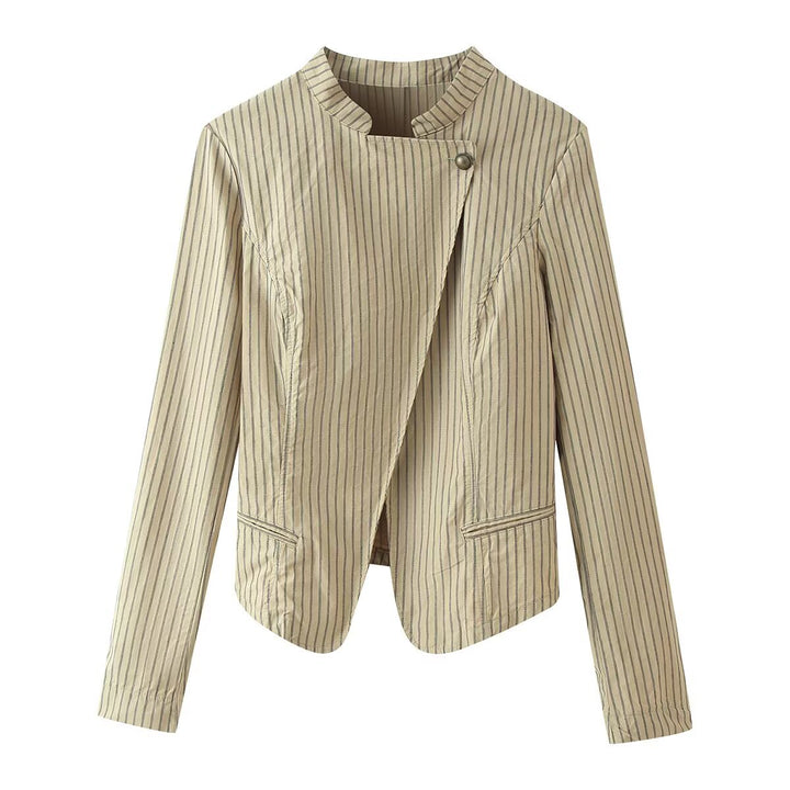 Damen Asymmetrische Nadelstreifen-Blazerjacke mit Stehkragen und überlappender Vorderseite Drune