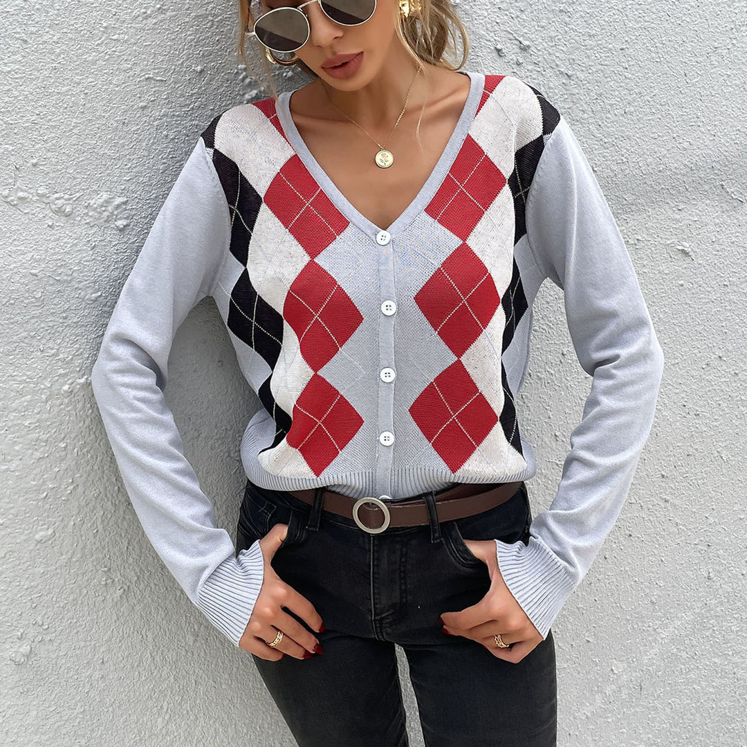 Damen Argyle-Cardigan mit tiefem V-Ausschnitt, feinem Feinstrick und Knopfleiste Drune