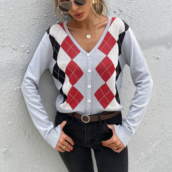 Damen Argyle-Cardigan mit tiefem V-Ausschnitt, feinem Feinstrick und Knopfleiste Drune