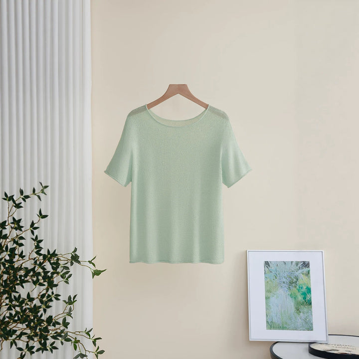 Damen Weiches Feinstrick-T-Shirt mit halbarm, weiter U-Boot-Ausschnitt und feiner Struktur Drune