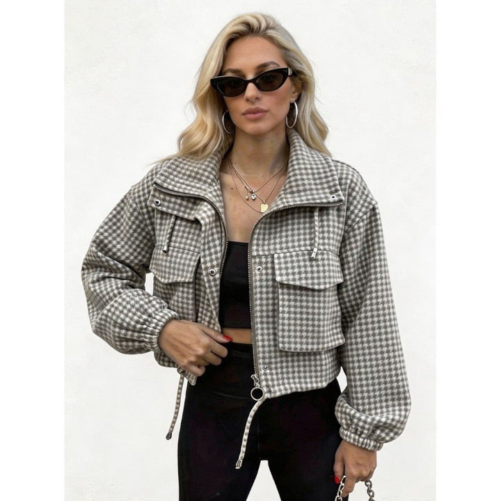 Damen Karo-Cropped-Jacke mit Stehkragen, Tunnelzug und elastischen Bündchen Drune