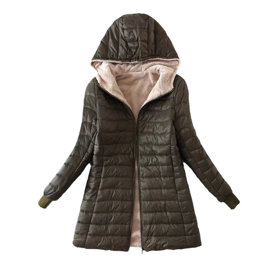 Damen nan gesteppter Steppmantel mit Teddyfutter, taillierter Silhouette und Kapuze Drune