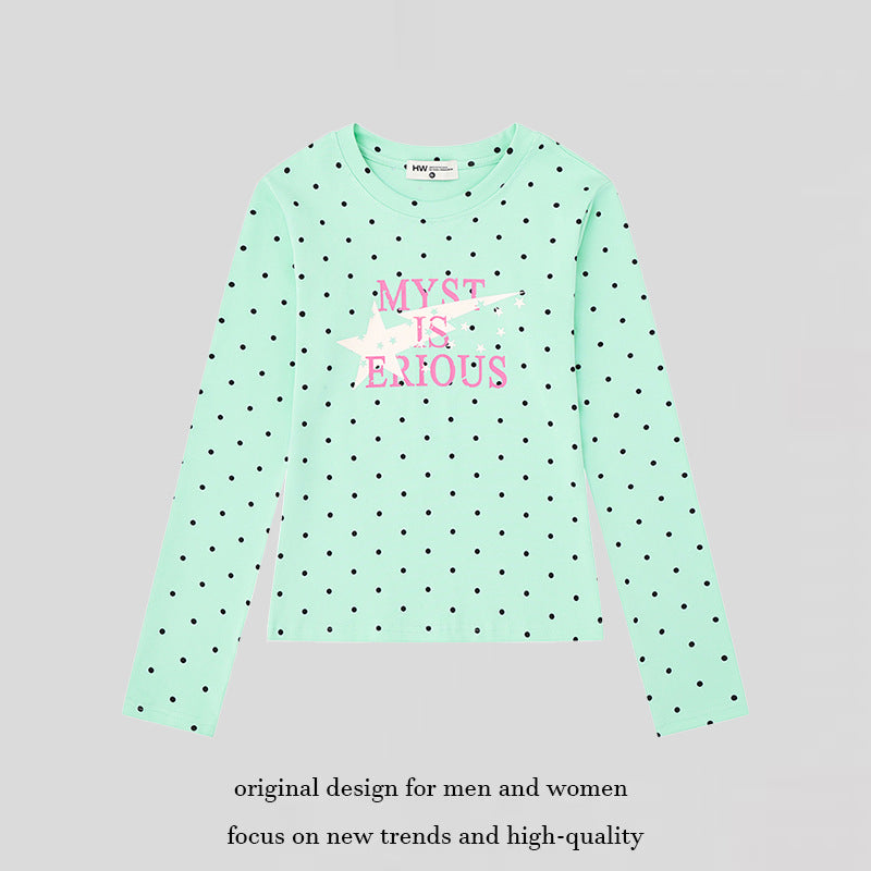 Damen Langarmshirt mit V-Ausschnitt, Polka-Dots und Statement-Print aus Baumwolljersey Drune