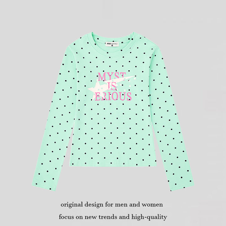 Damen Langarmshirt mit V-Ausschnitt, Polka-Dots und Statement-Print aus Baumwolljersey Drune