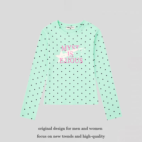Damen Langarmshirt mit V-Ausschnitt, Polka-Dots und Statement-Print aus Baumwolljersey Drune