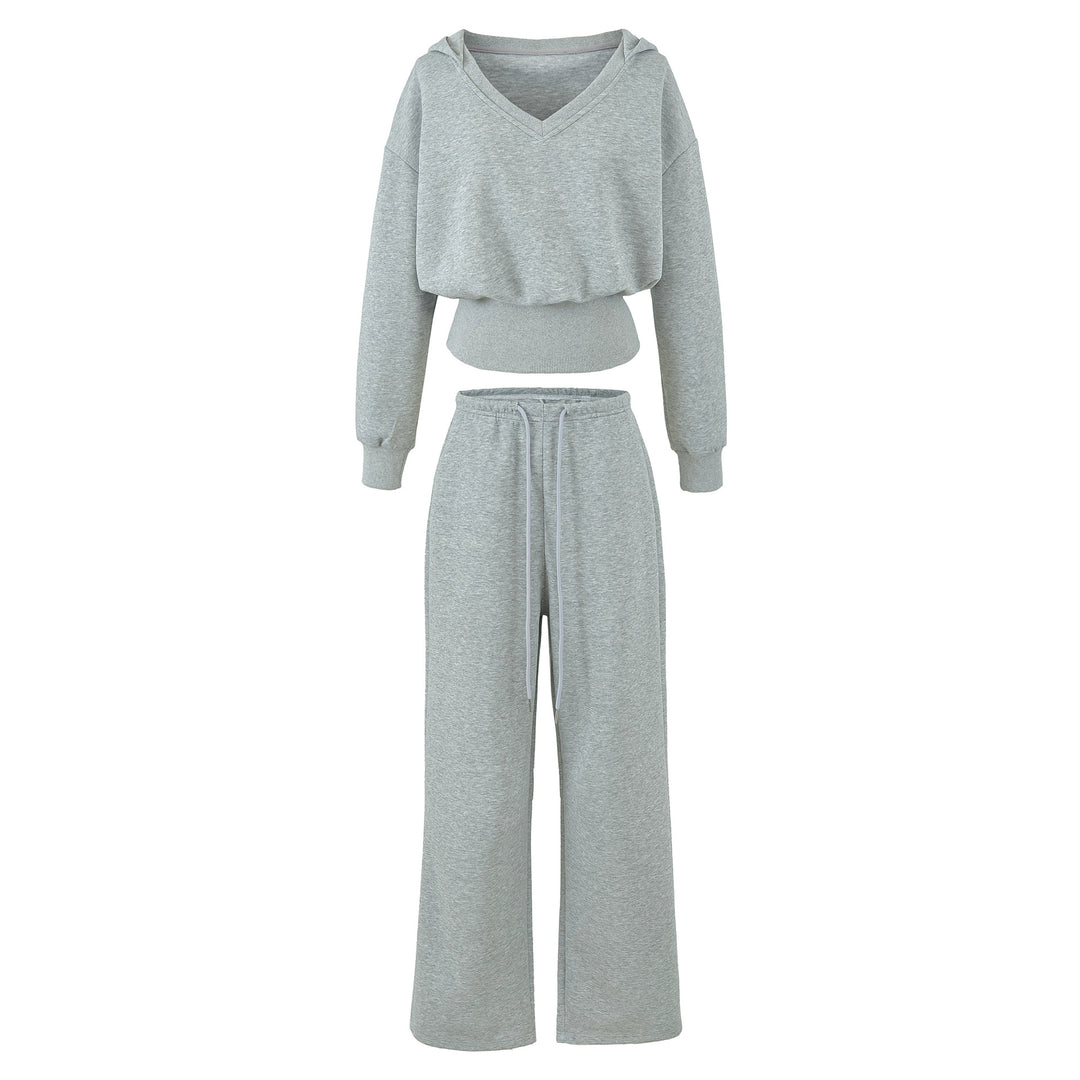 Damen Komfort-Lounge-Set mit kurzem V-Kapuzenpullover und hochgeschnittenen Weitbein-Joggern Drune