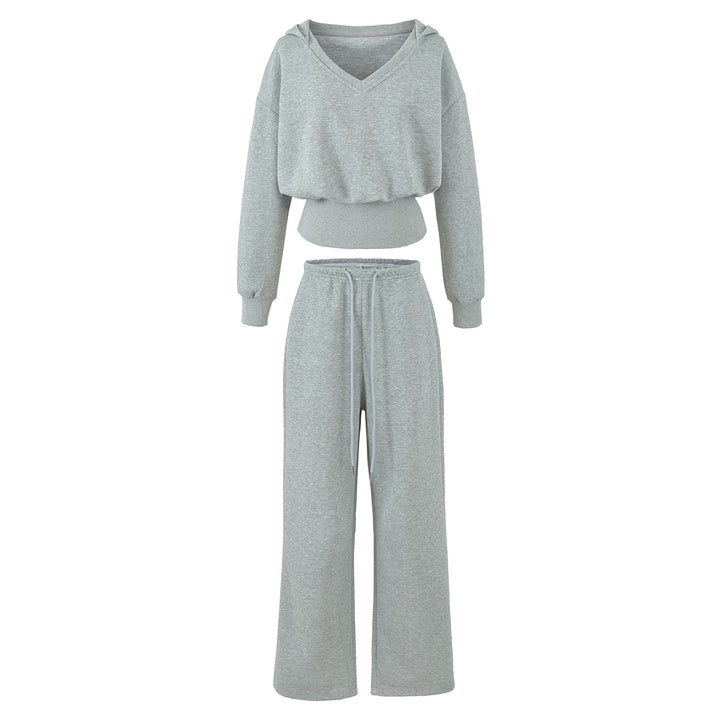 Damen Komfort-Lounge-Set mit kurzem V-Kapuzenpullover und hochgeschnittenen Weitbein-Joggern Drune