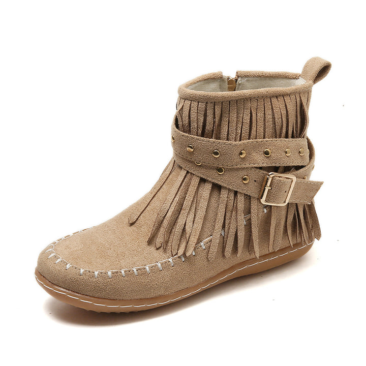 Damen Mokassin-Shortboots mit Fransen, Ziergürtel und handgenähter Mokassinnaht Drune