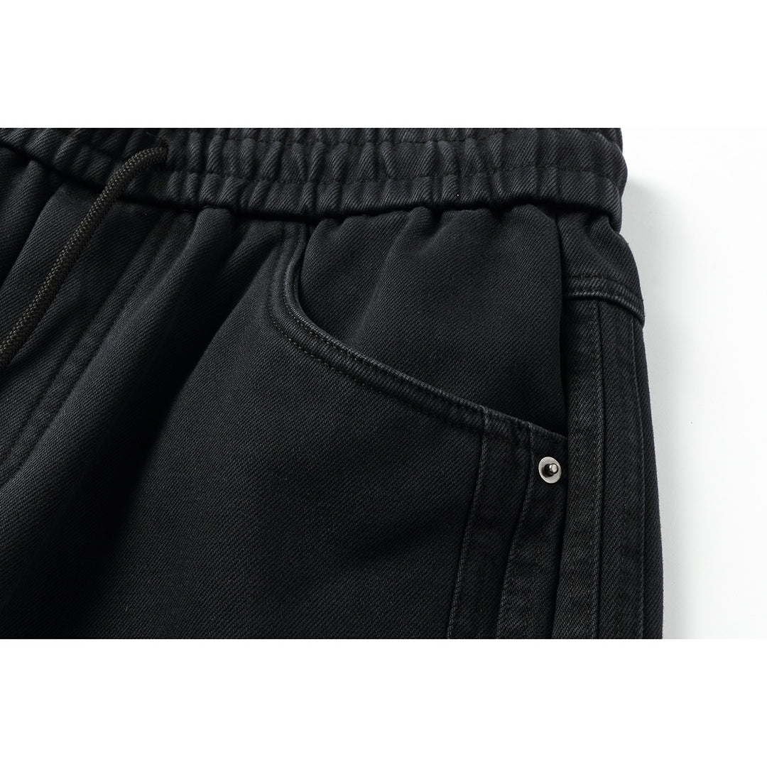 Damen Weite hochgeschnittene Jeanshose mit elastischem Bund, Kordelzug und Ziernähten Drune