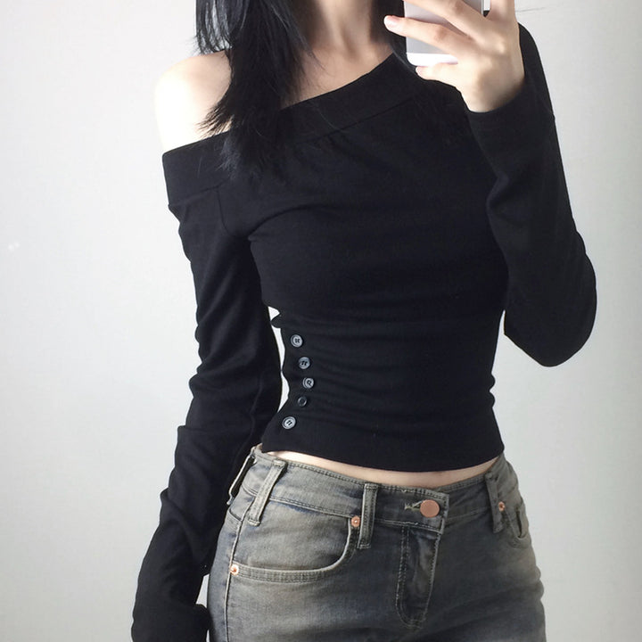 Damen nan schulterfreies Langarmshirt mit taillierter Silhouette und seitlicher Knopfleiste Drune