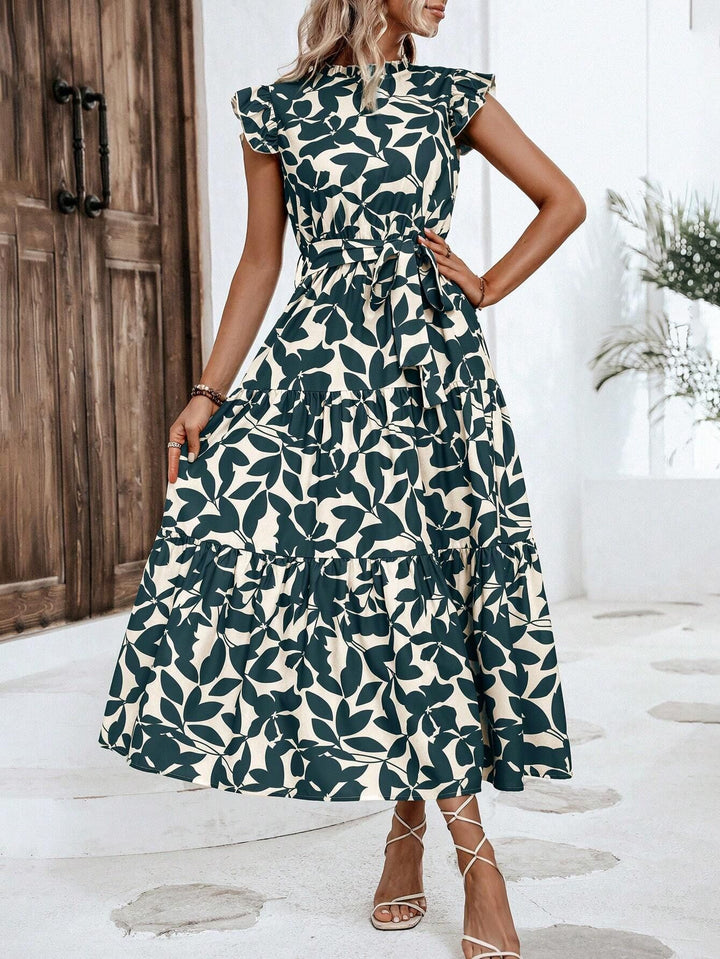 Damen Midikleid mit Stufenrock, geraffter Taillenbindung und Rüschenärmeln Drune
