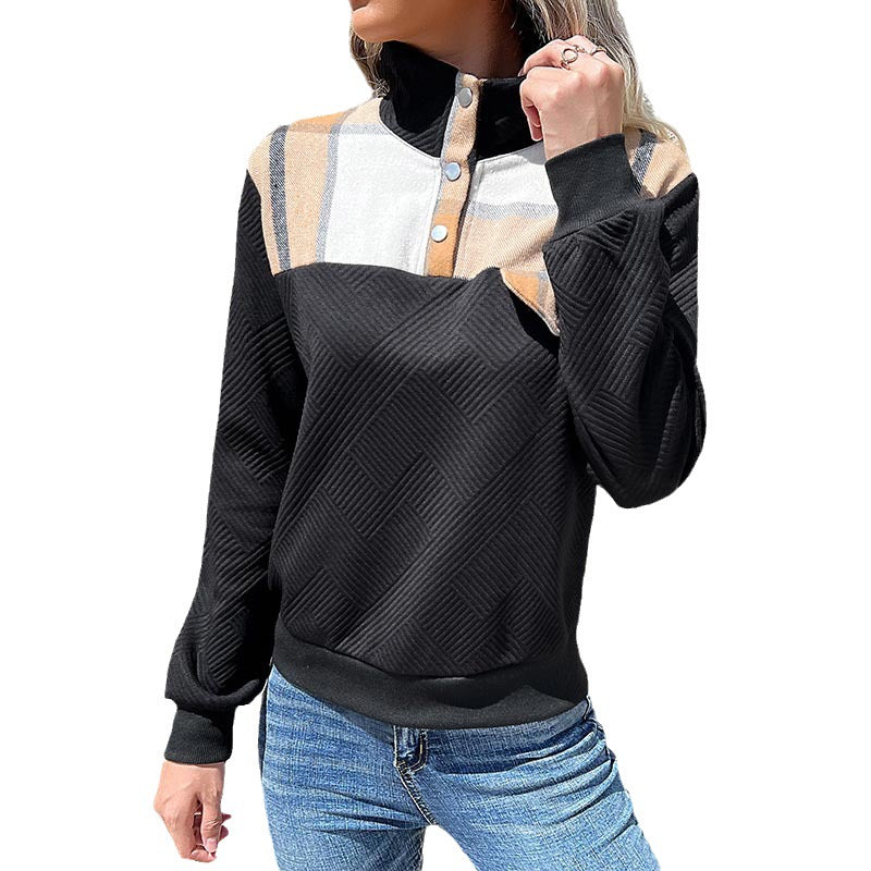 Damen Gestepptes Sweatshirt mit Karobesatz, Stehkragen und Druckknopfleiste Drune