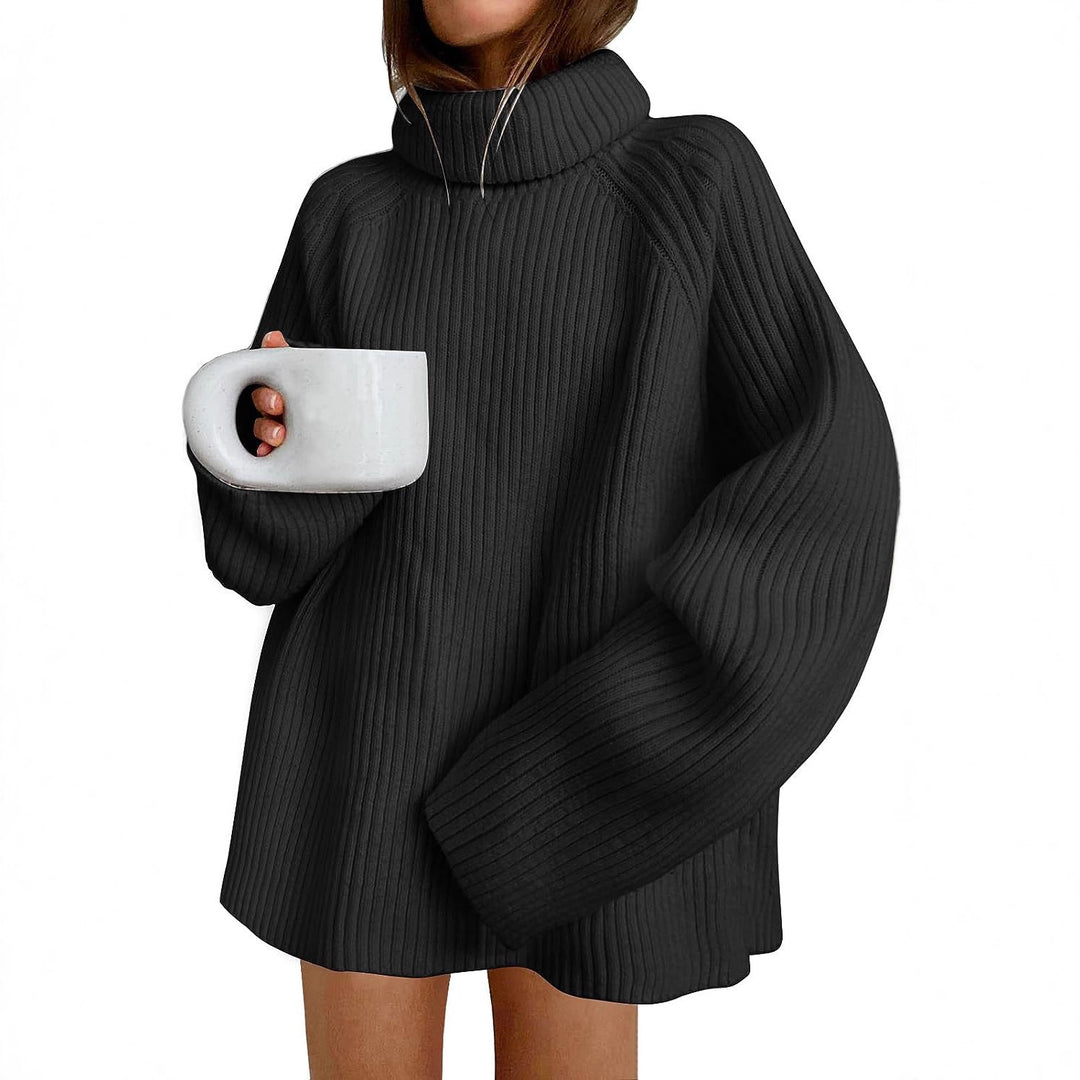 Damen Oversize Pulloverkleid aus Rippstrick mit hohem Rollkragen und voluminösen Ärmeln Drune