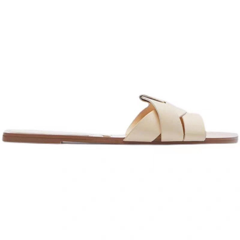 Damen Jeans-Optik Slide-Sandalen mit gekreuzten Stoffriemen und flacher Komfortsohle Drune