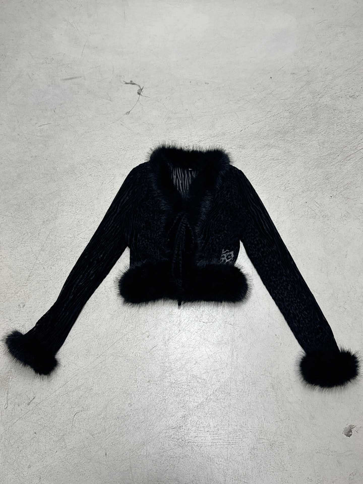 Damen nan kurze Samtjacke mit luxuriösem Kunstfellbesatz an Kragen Saum und Ärmeln Drune