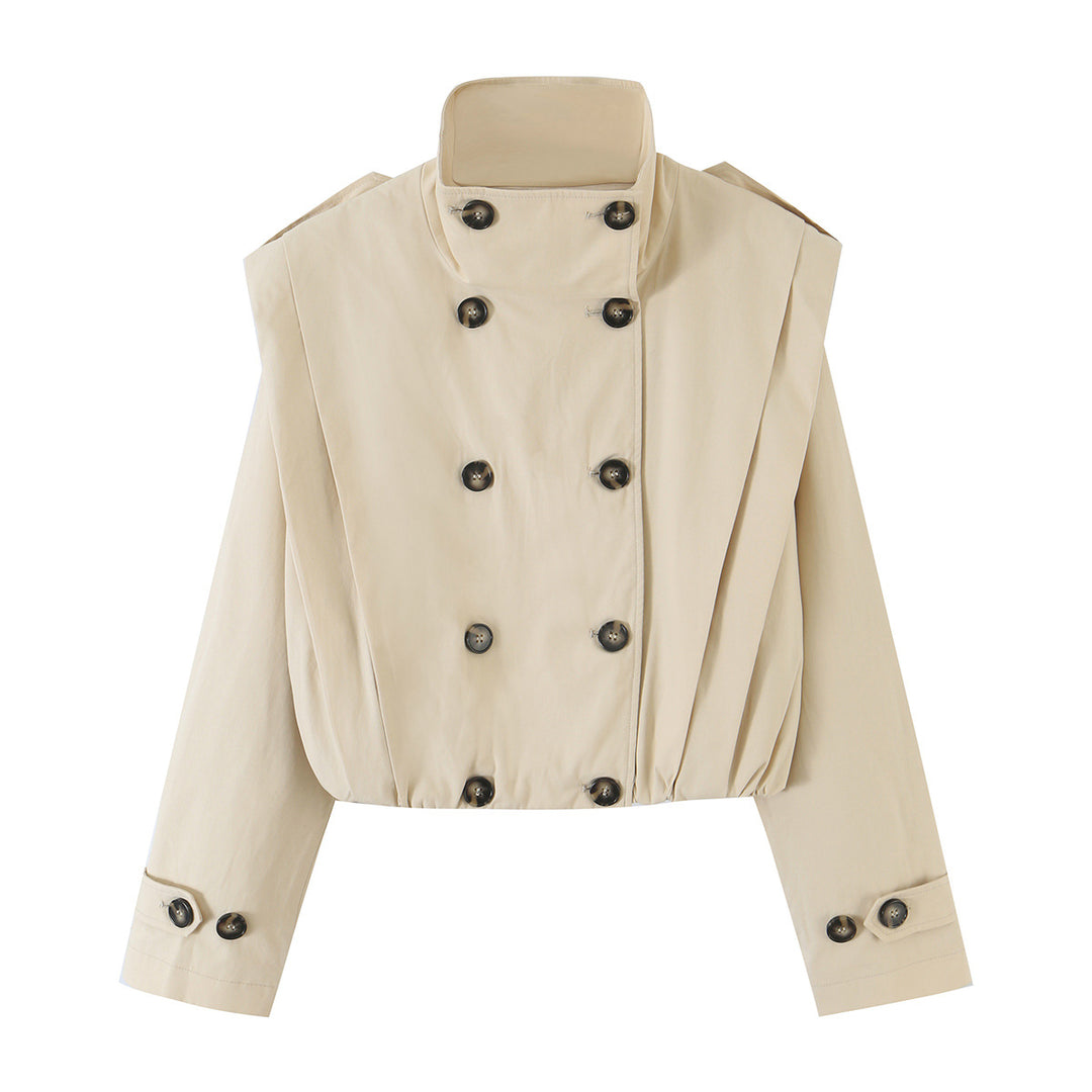 Damen Cropped Doppelreihiger Trench‑Blouson mit Stehkragen und taillierendem Gummizug Drune