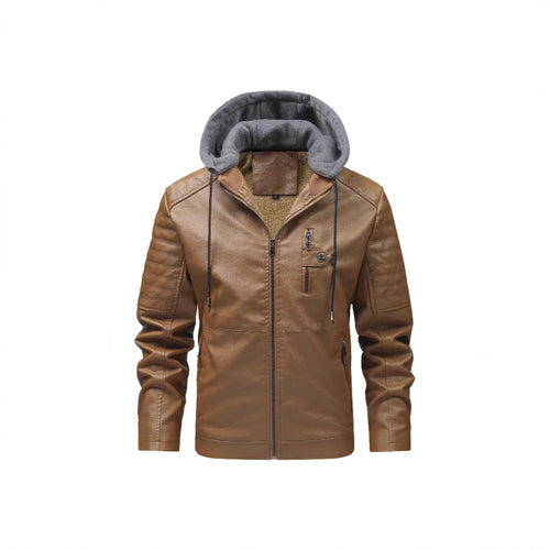 Herren Stilvolle Kunstlederjacke mit Kapuze Drune