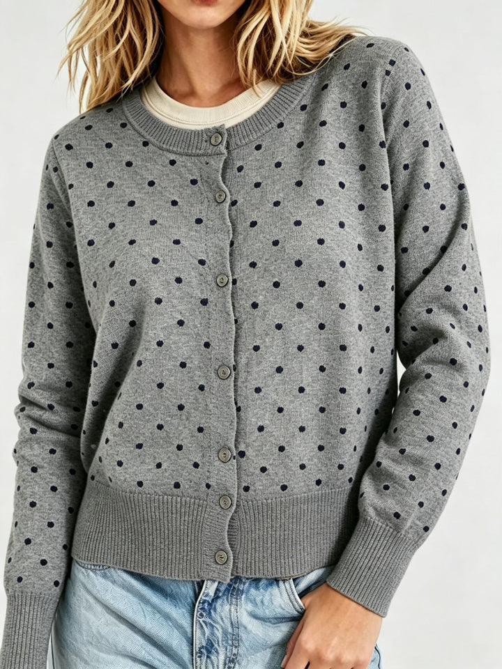 Damen Gepunktete Feinstrick-Cardigan mit Rundhals und Rippbündchen Drune