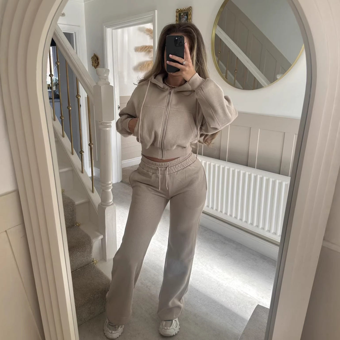 Damen lässiger Zip-Hoodie und weit geschnittene Jogginghose Set Drune