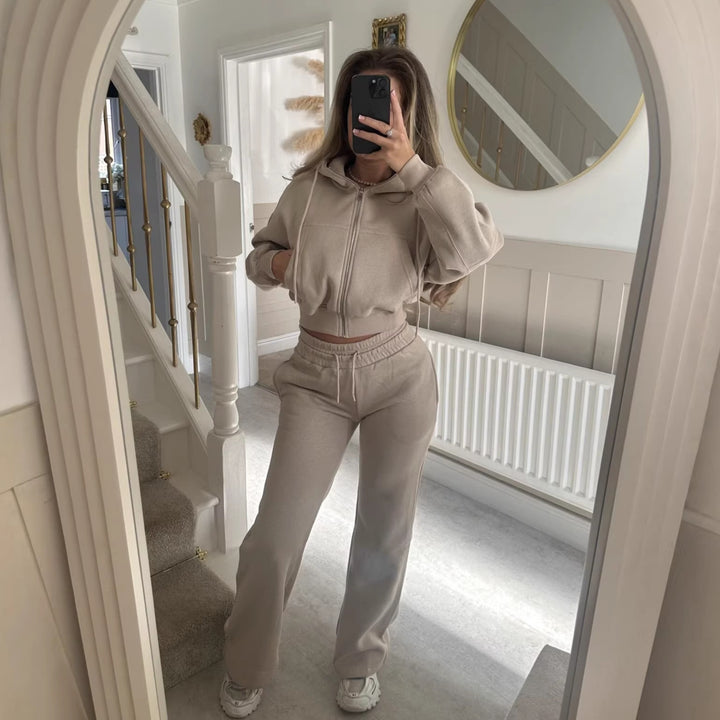 Damen lässiger Zip-Hoodie und weit geschnittene Jogginghose Set Drune