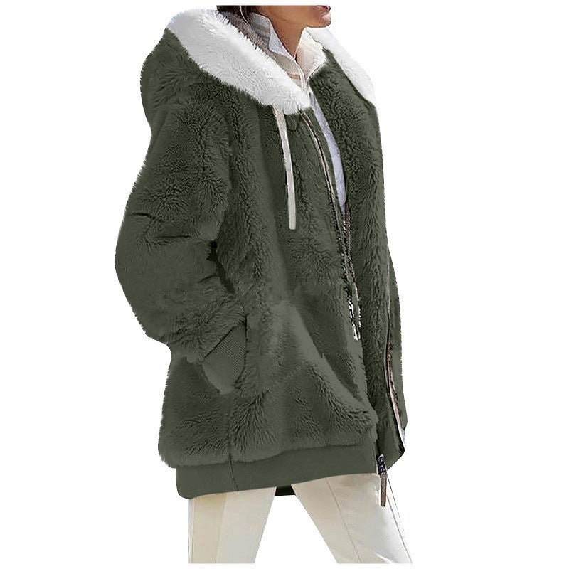 Damen Kuschelige Teddy-Kapuzenjacke mit Kontrastbesatz, Reißverschluss und Eingrifftaschen Drune
