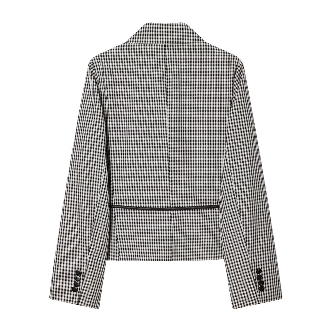 Damen Karo-Cropped-Blazer mit doppelreihiger Knopfleiste und Tunnelzugbindegürtel Drune