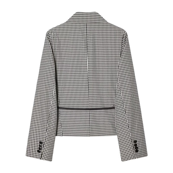 Damen Karo-Cropped-Blazer mit doppelreihiger Knopfleiste und Tunnelzugbindegürtel Drune