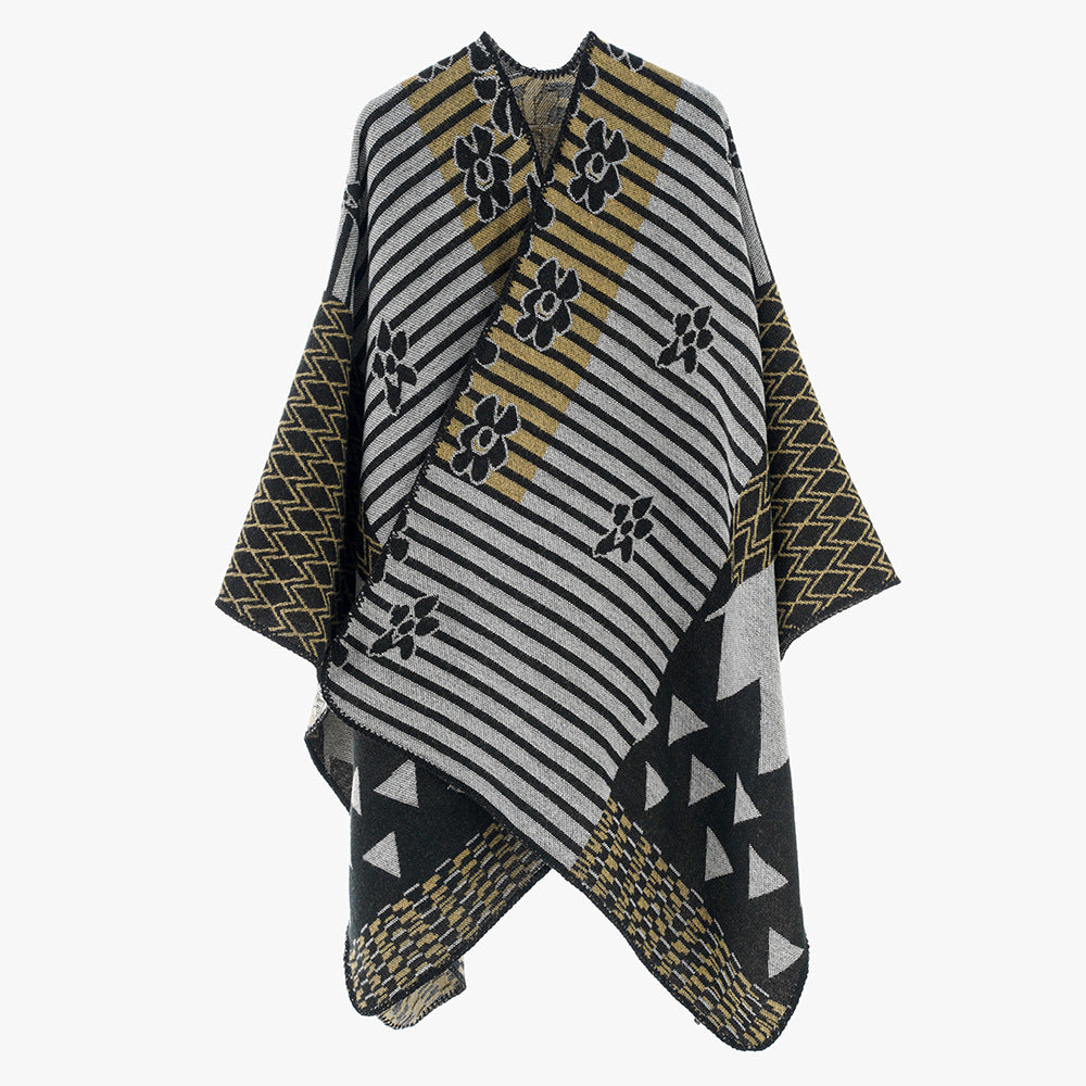 Damen Vielseitiger Strickponcho im Patchwork-Jacquard mit V-Ausschnitt und asymmetrischem Zipfelsaum Drune