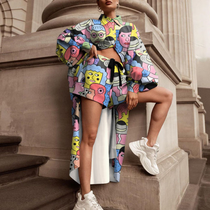 Damen Oversized Hemd mit grafischem Print und kurzer Hosenkombination Drune