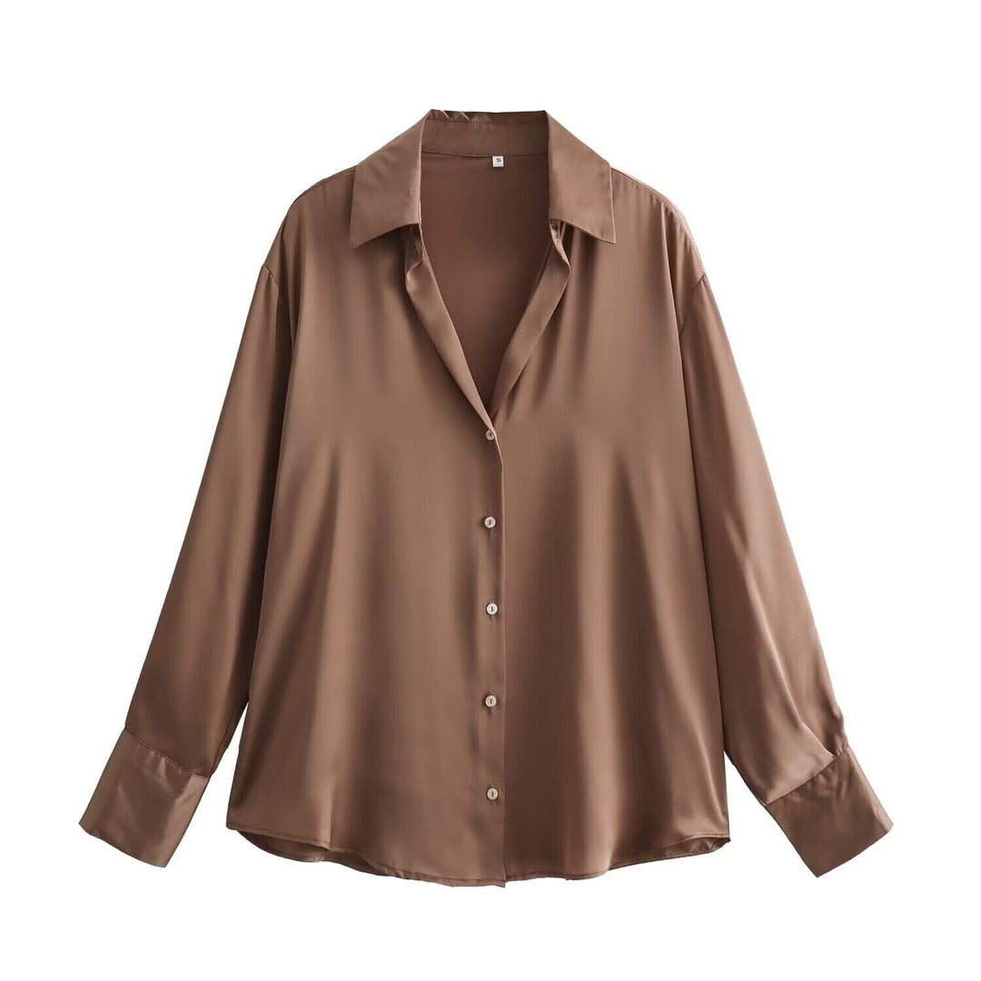 Damen Oversized Satinbluse mit Hemdkragen und breiten Manschetten Drune
