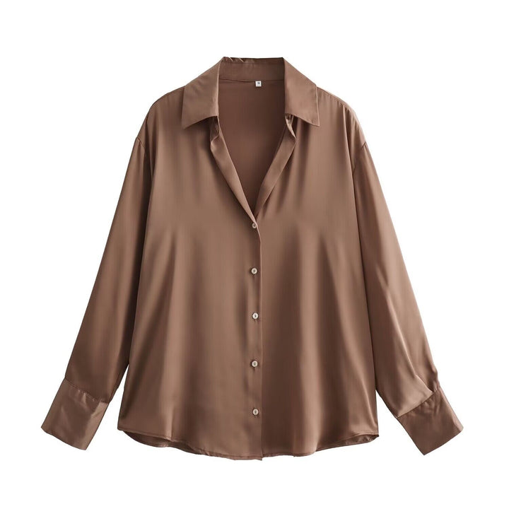 Damen Oversized Satinbluse mit Hemdkragen und breiten Manschetten Drune