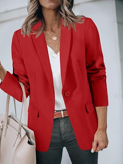 Damen Leichter Stretch-Blazer mit Schalkragen, Ein-Knopf-Verschluss und dreiviertelärmeln Drune