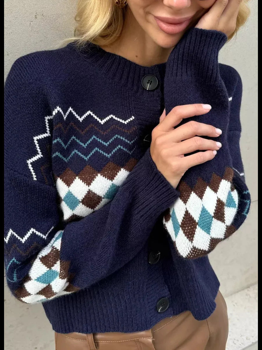 Damen Strickjacke mit modernem Rautenmuster und Knopfverschluss Drune