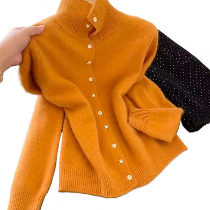 Damen Elegante Strickjacke mit hohem Kragen und Stern-Knopfdetails Drune