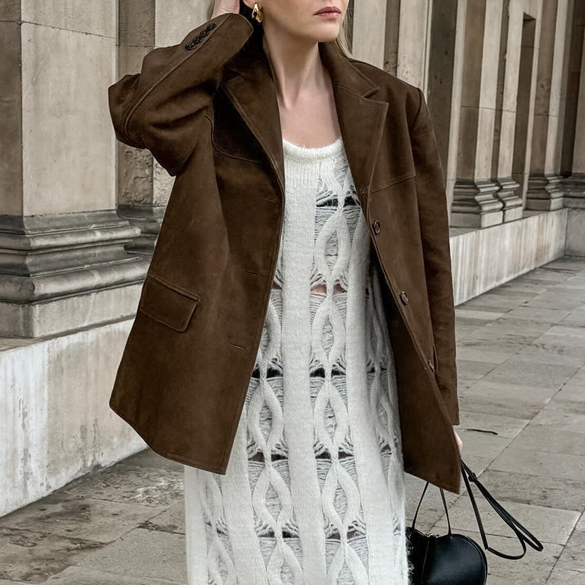Damen Modische Wildlederjacke im Oversized-Schnitt mit klassischem Kragen und praktischen Taschen Drune