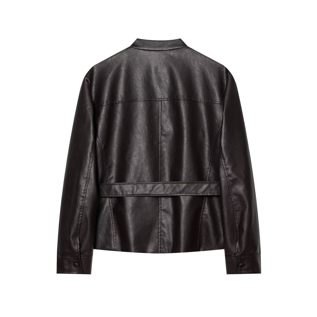 Damen Taillierter Kunstleder‑Blousonjacke mit Bindegürtel, Pattentaschen und Stehkragen Drune