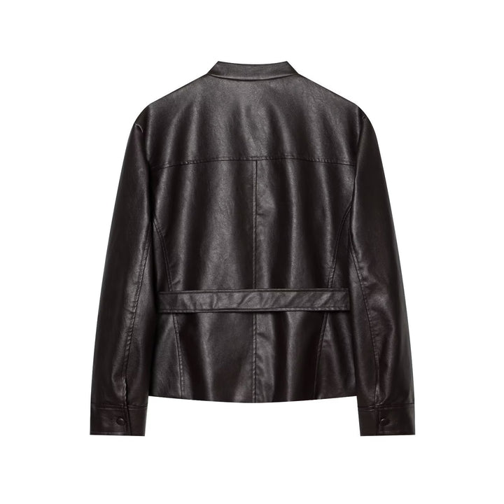 Damen Taillierter Kunstleder‑Blousonjacke mit Bindegürtel, Pattentaschen und Stehkragen Drune