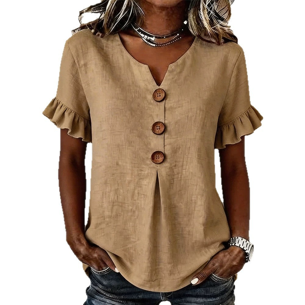 Damen Bluse mit Rüschendetails und Holzknöpfen Drune