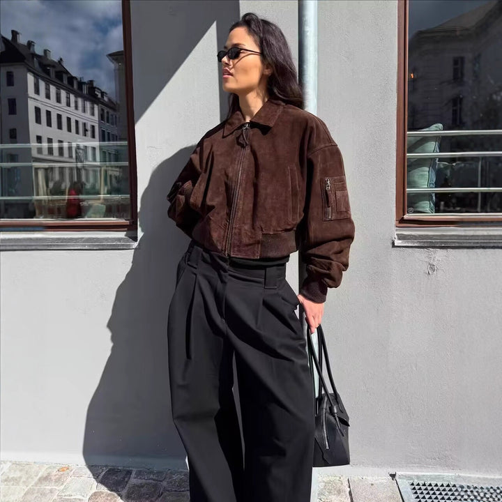 Damen modische Cropped-Bomberjacke aus weichem Wildlederimitat mit praktischen Taschen Drune