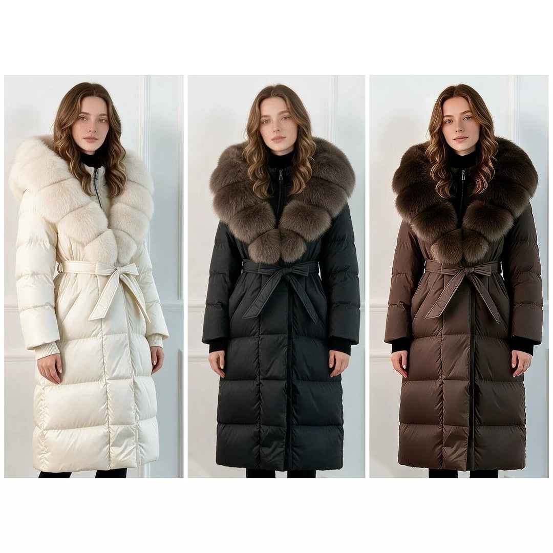 Damen nan langer gesteppter Mantel mit übergroßem Fellkragen und Bindegürtel Drune