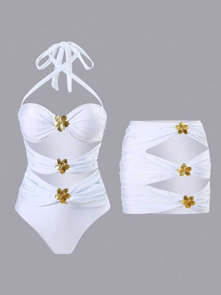 Damen Einteiler Badeanzug mit eleganten Drapierungen und Goldakzenten Drune