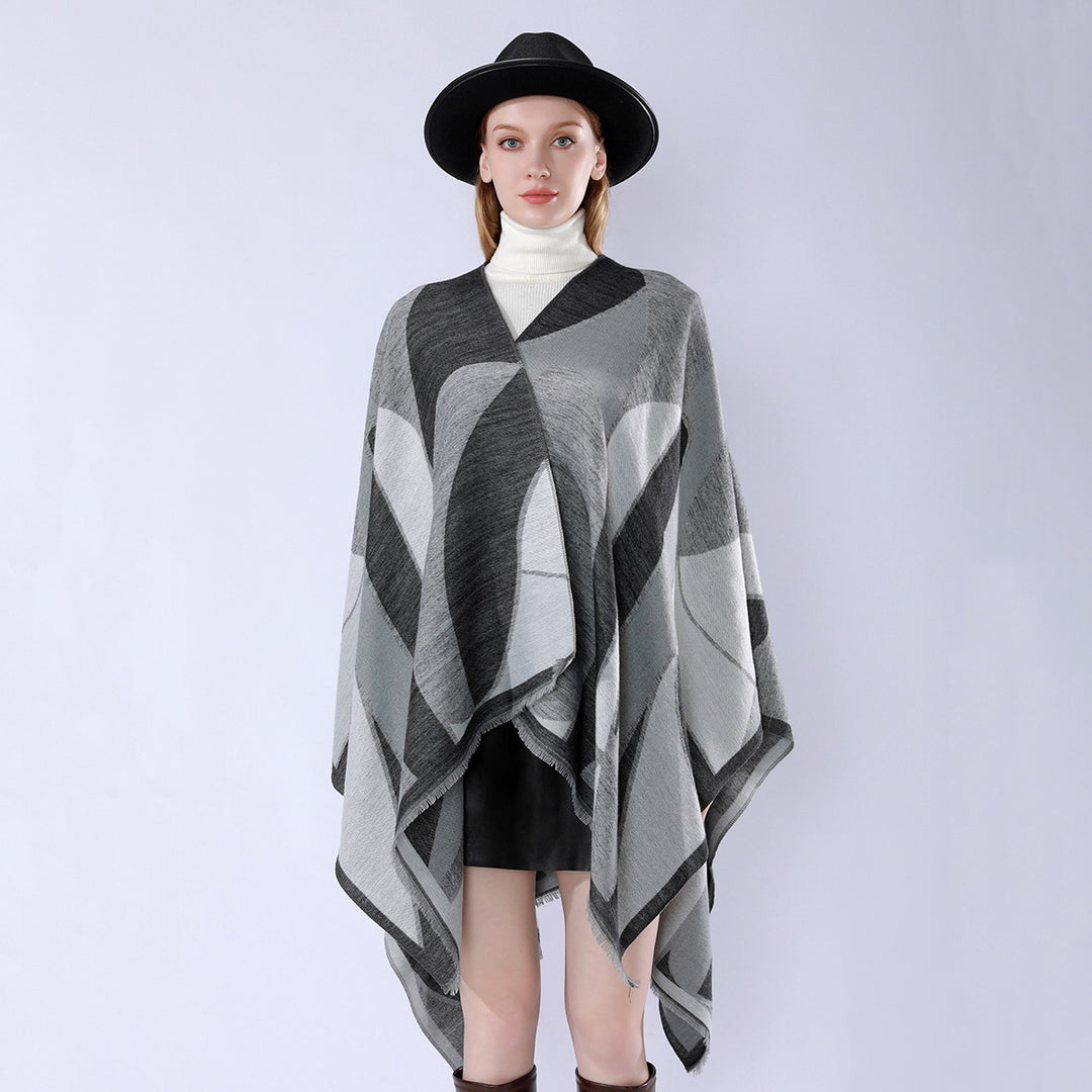 Damen Oversize-Poncho mit V-Ausschnitt und geometrischem Jacquard-Design Drune
