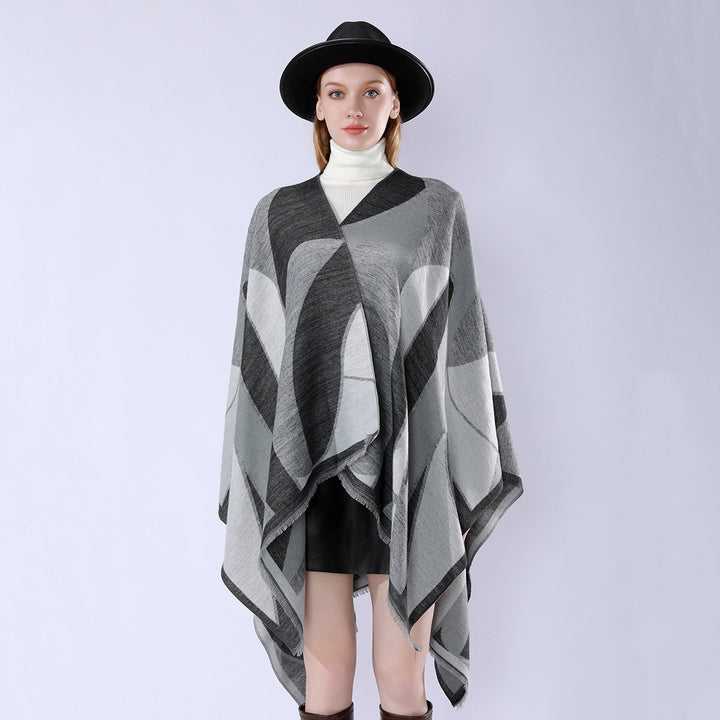 Damen Oversize-Poncho mit V-Ausschnitt und geometrischem Jacquard-Design Drune
