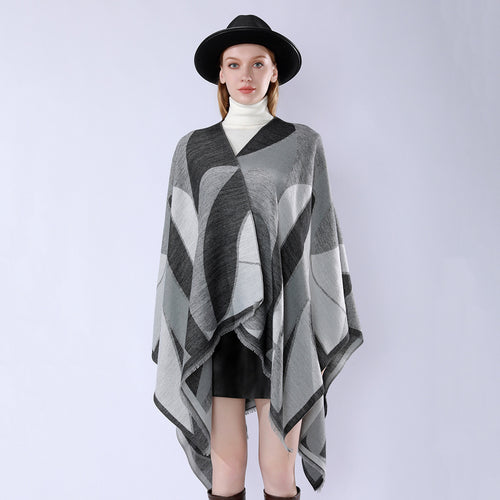 Damen Oversize-Poncho mit V-Ausschnitt und geometrischem Jacquard-Design Drune