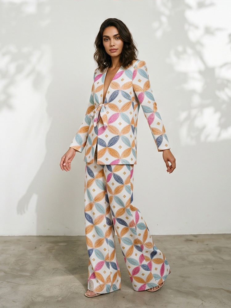Damen Zweiteiliger Jacquard-Anzug mit Taillenschleife und weitem Bein Drune