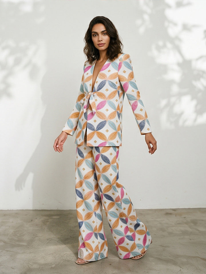 Damen Zweiteiliger Jacquard-Anzug mit Taillenschleife und weitem Bein Drune