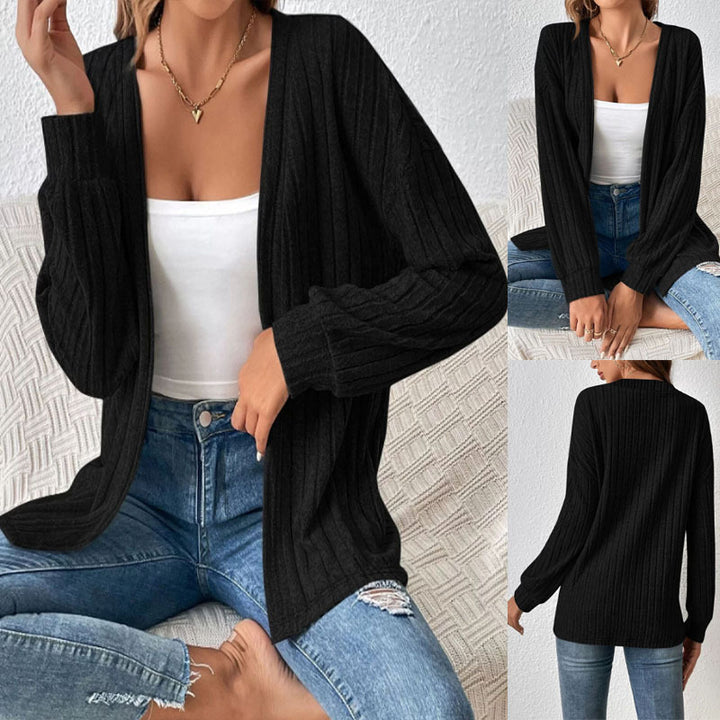 Damen Langer Rippstrick-Cardigan mit Ballonärmeln und offener Front Drune
