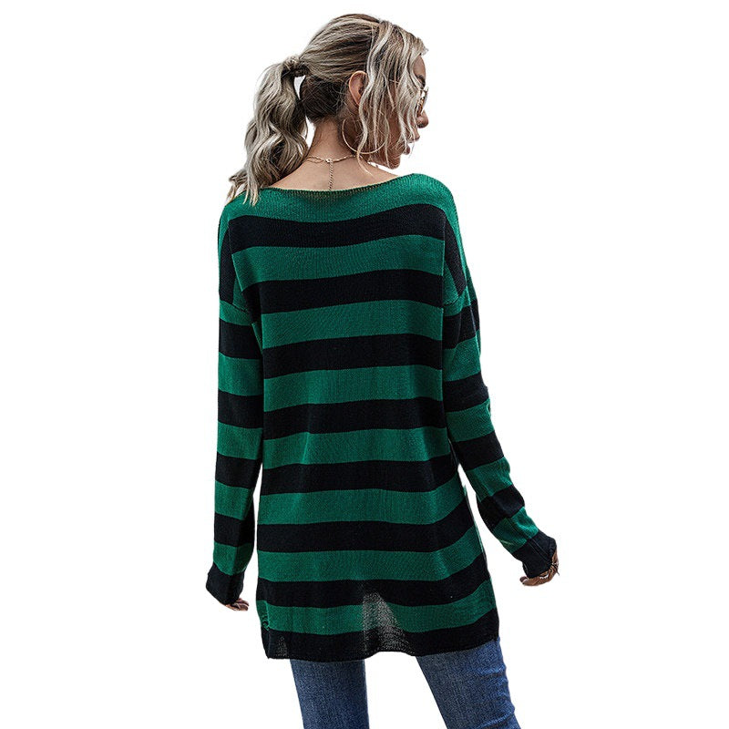 Damen Off-Shoulder Strickpullover mit Streifen Drune